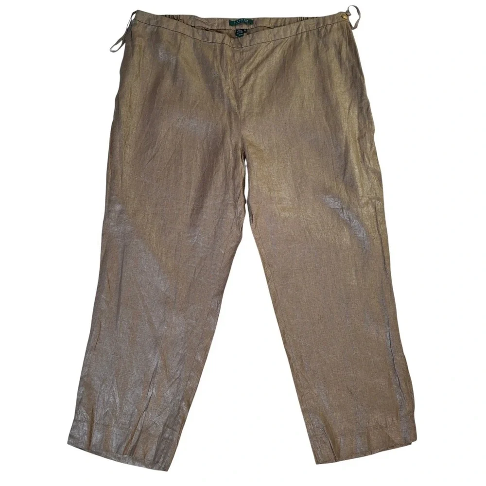 Lauren Ralph Lauren Metallic Gold Linen Pants Womens 20W Wide Leg Cropped Ankle‎